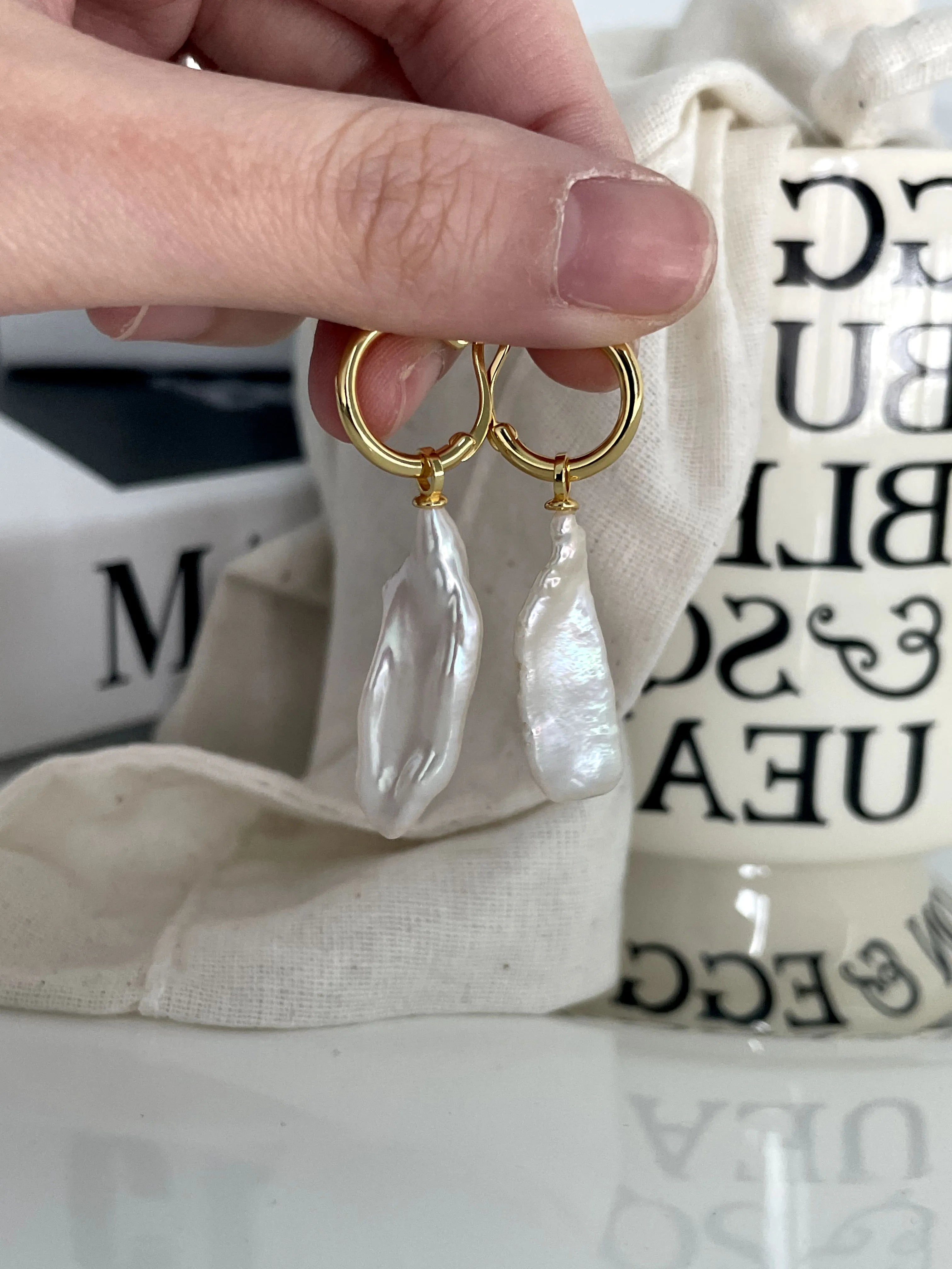 Irregular Bar  Baroque Pearl Drop Hoops