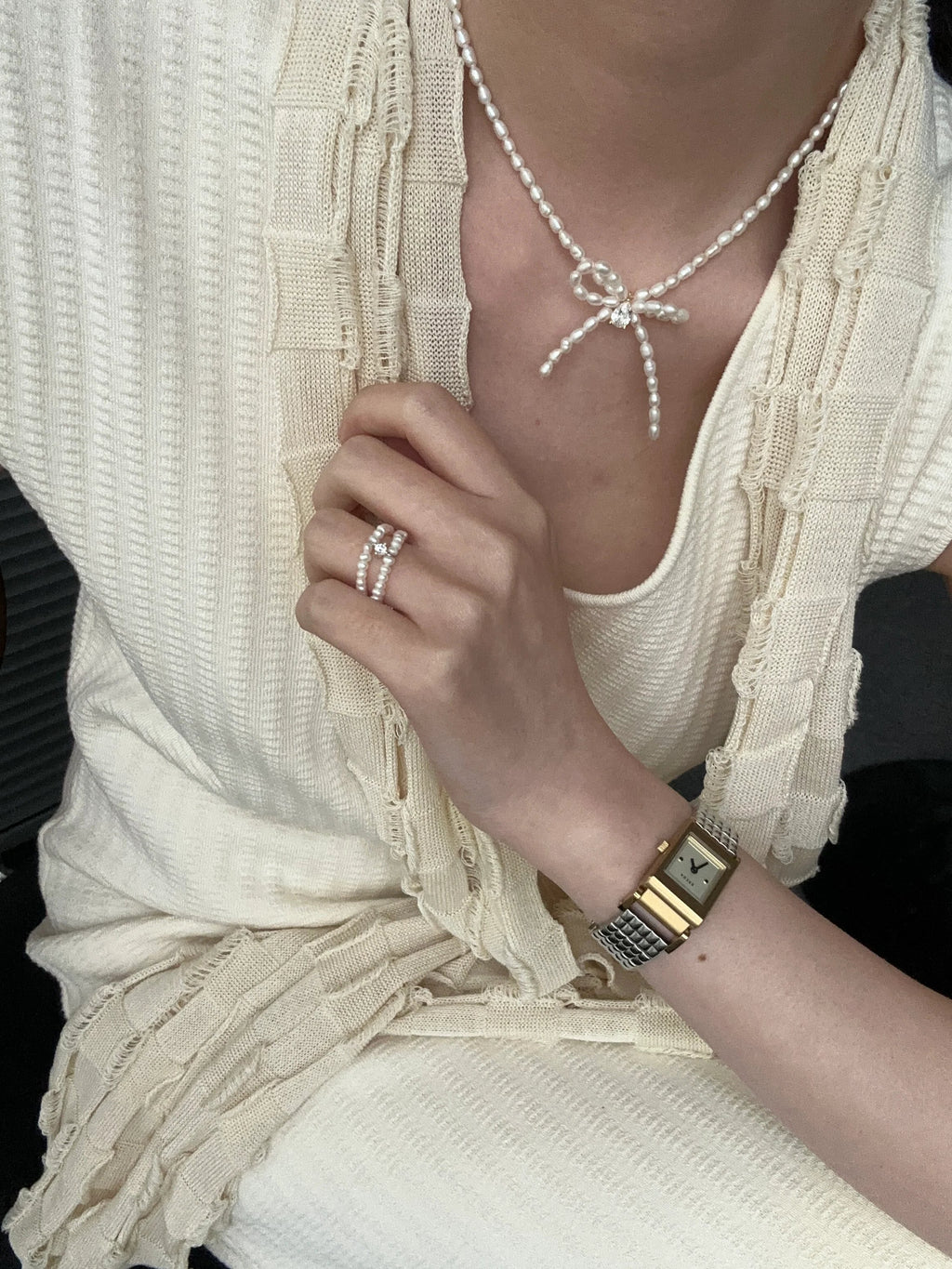 Double-layered Pearl and Diamond Ring