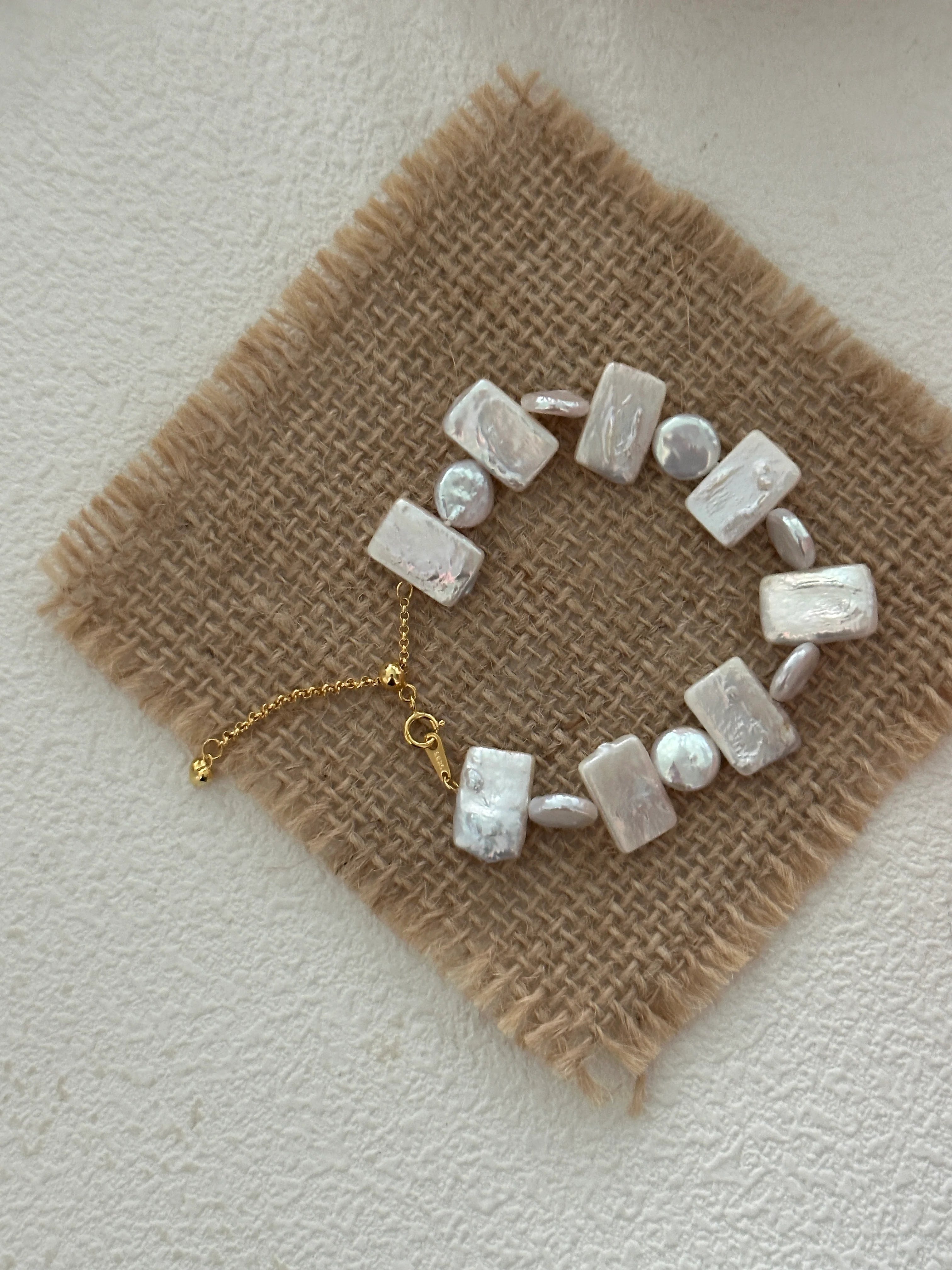 Geometric Square & Round Baroque Pearls Bracelet 18k Gold Platted