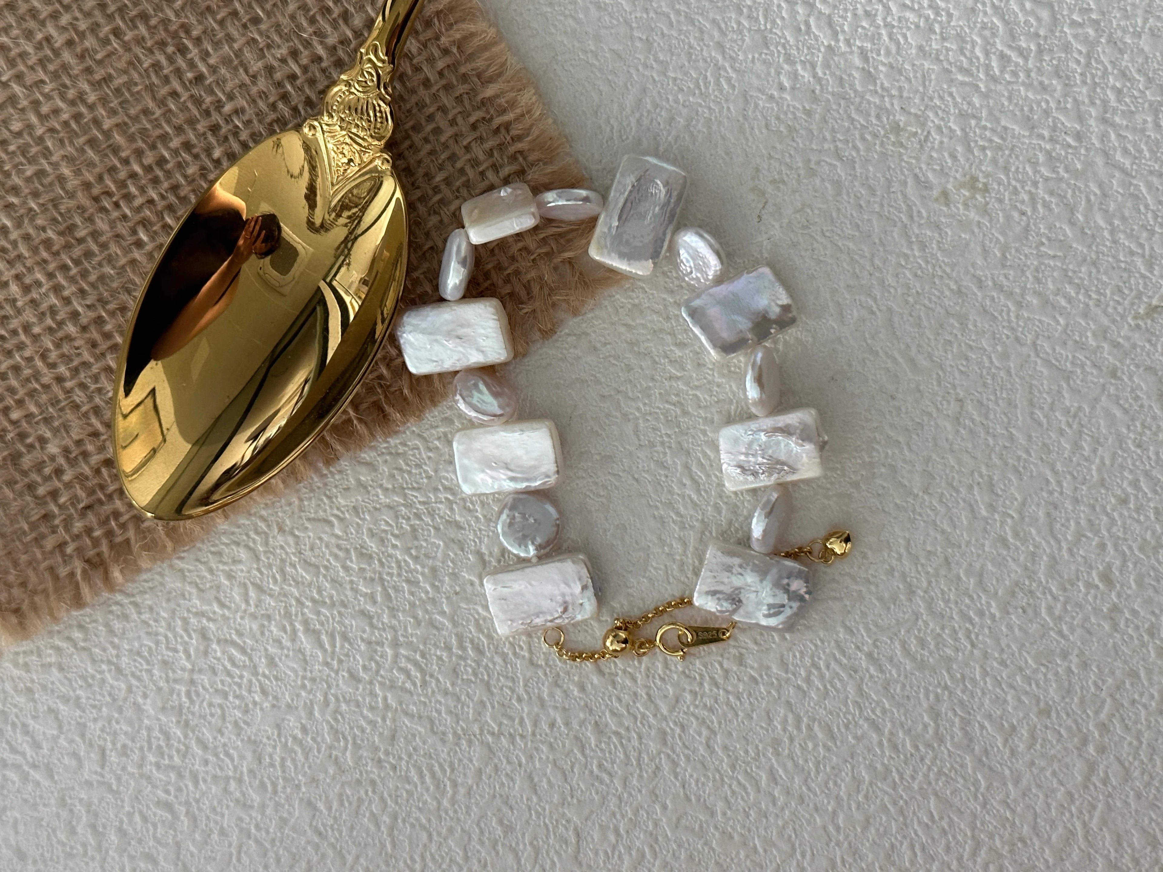 Geometric Square & Round Baroque Pearls Bracelet 18k Gold Platted