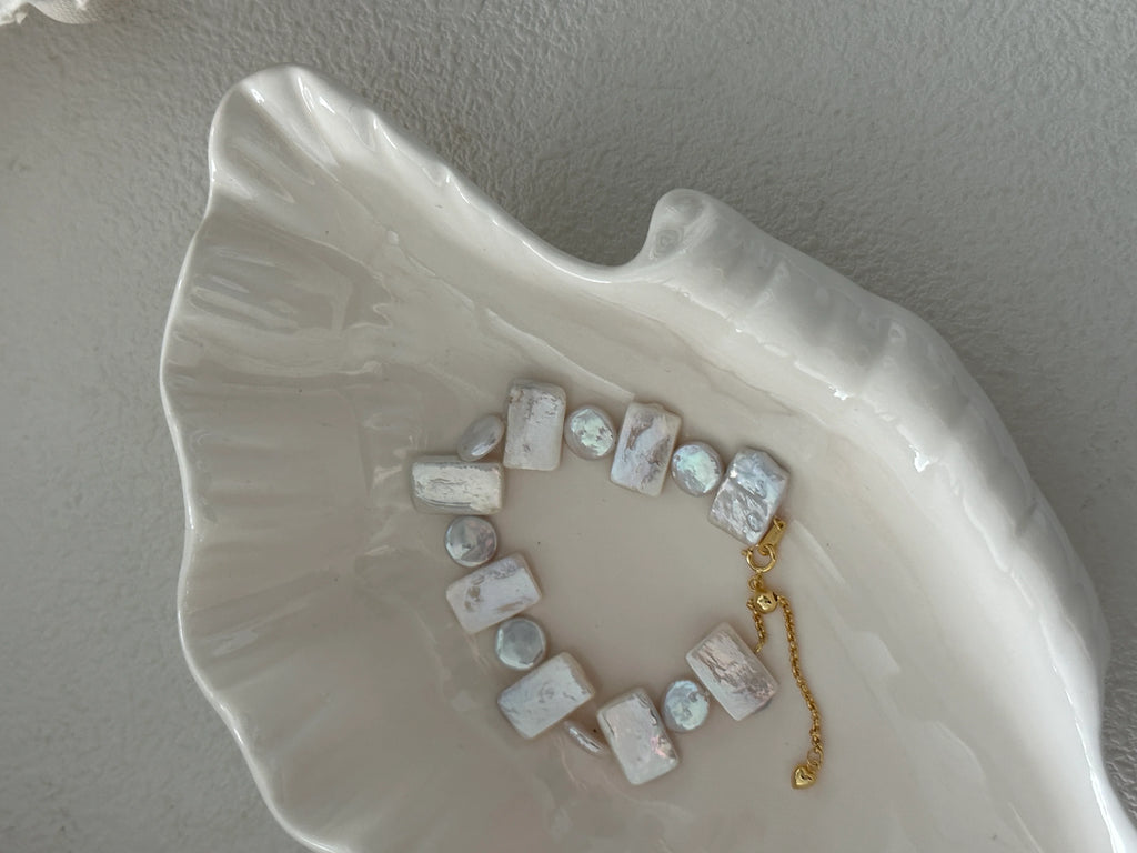 Geometric Square & Round Baroque Pearls Bracelet 18k Gold Platted