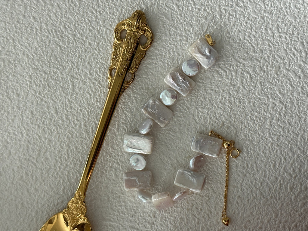 Geometric Square & Round Baroque Pearls Bracelet 18k Gold Platted