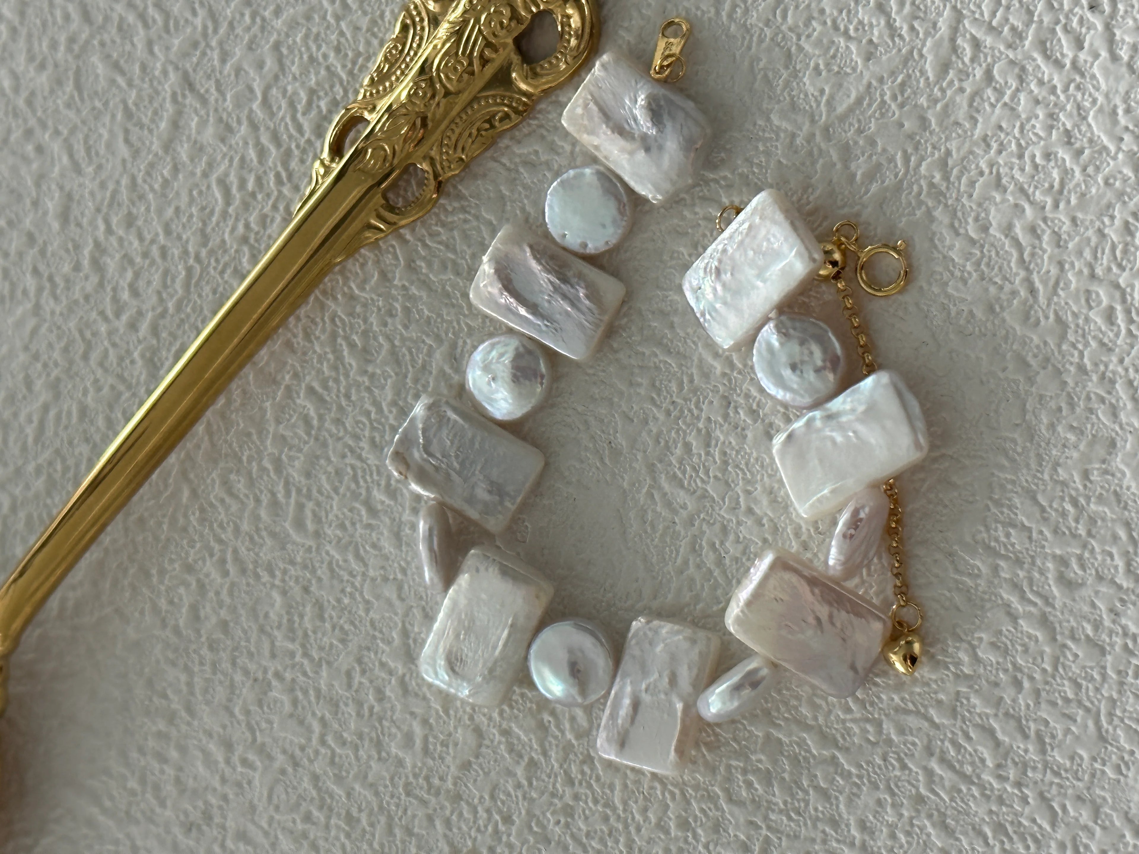 Geometric Square & Round Baroque Pearls Bracelet 18k Gold Platted