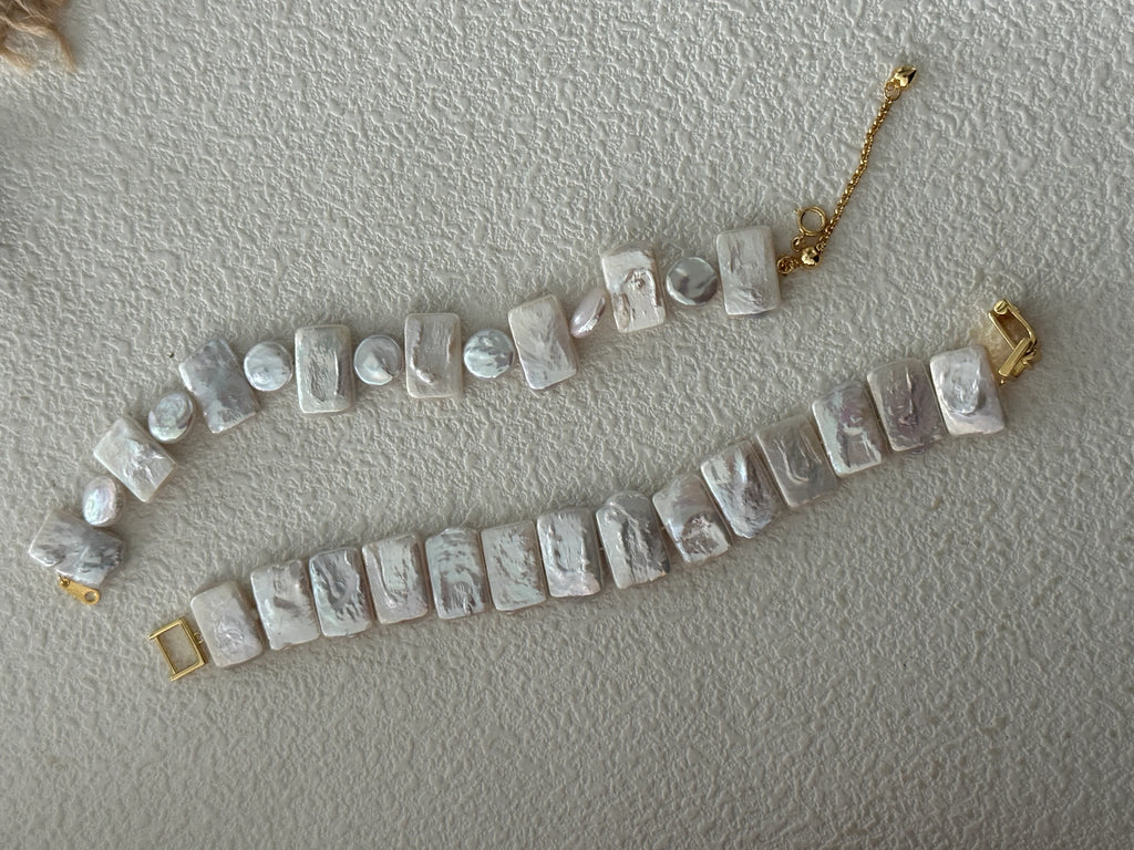 Geometric Square & Round Baroque Pearls Bracelet 18k Gold Platted