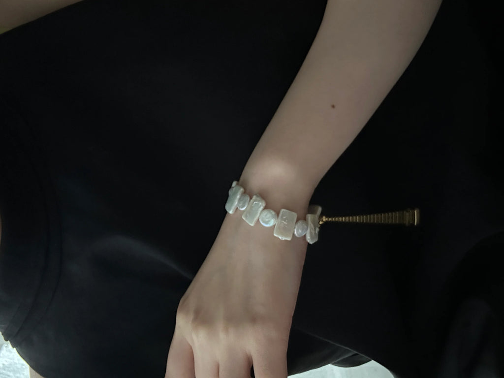 Geometric Square & Round Baroque Pearls Bracelet 18k Gold Platted