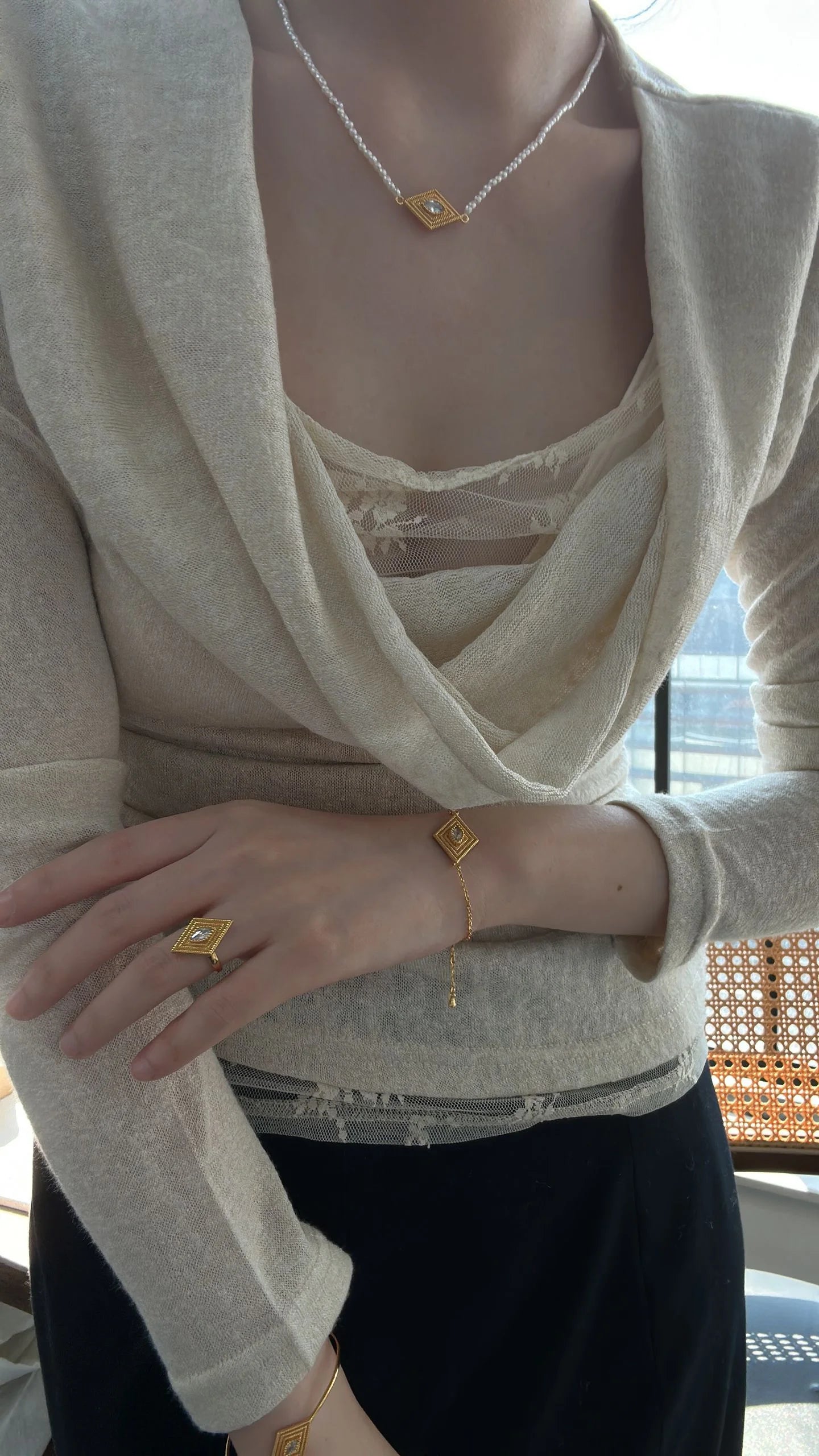 Vintage Greek Eye Pearl Diamond Necklace