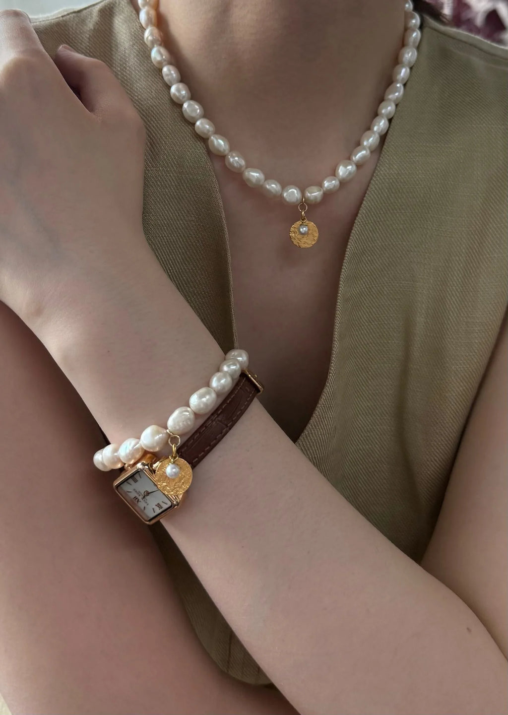 Stellar Baroque Pearl & Gold  Medal Drop Necklace