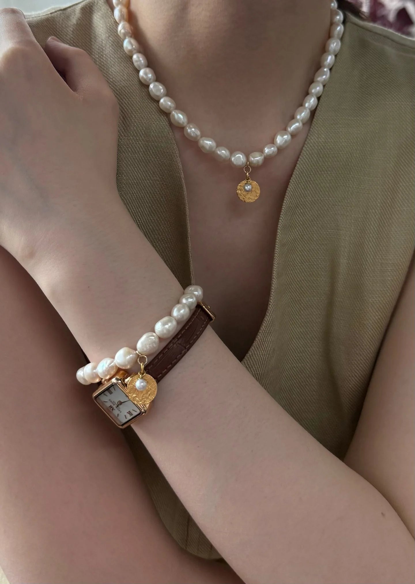 Stellar Baroque Pearl & Gold  Medal Drop Necklace