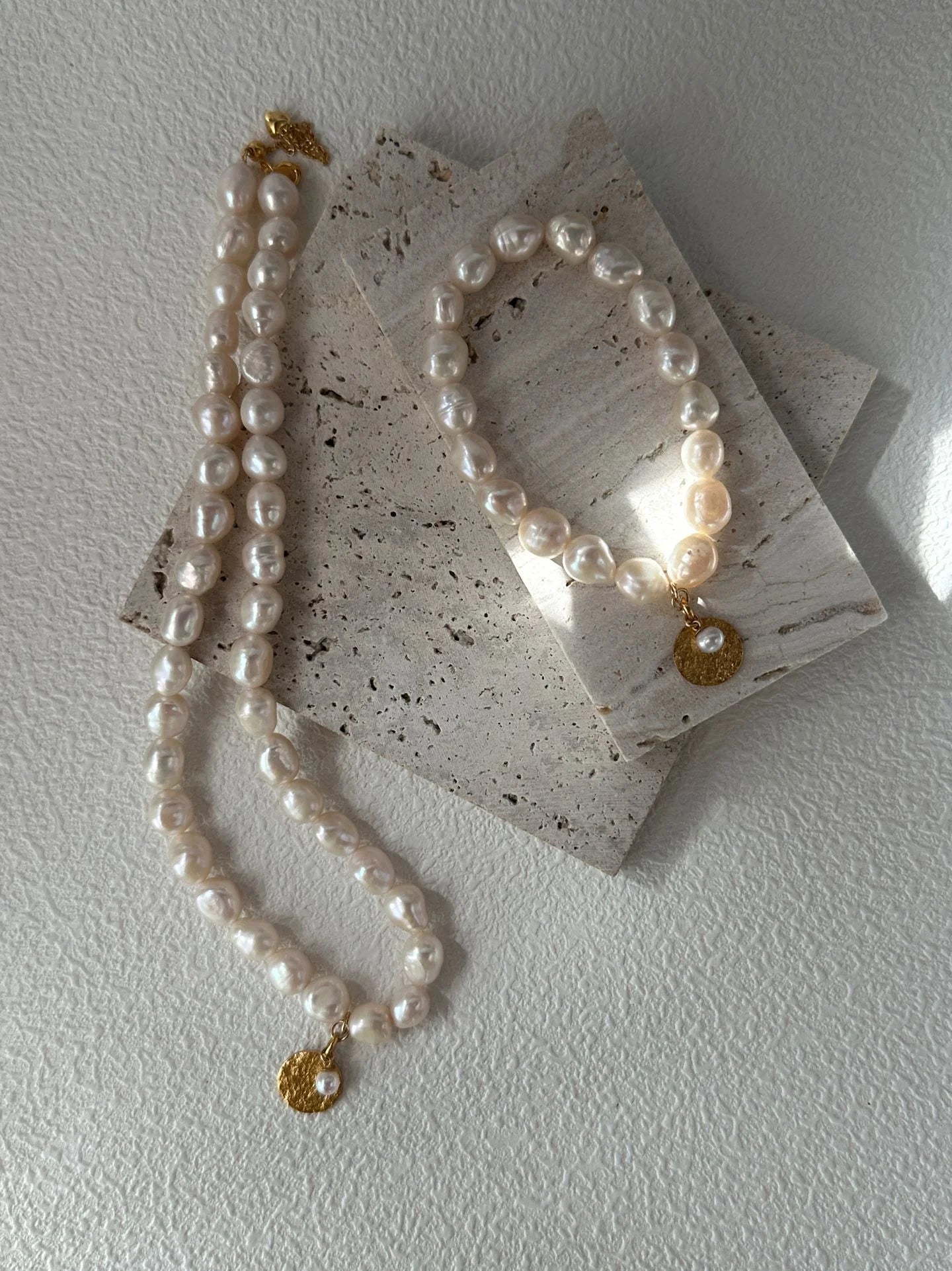 Stellar Baroque Pearl & Gold  Medal Drop Necklace
