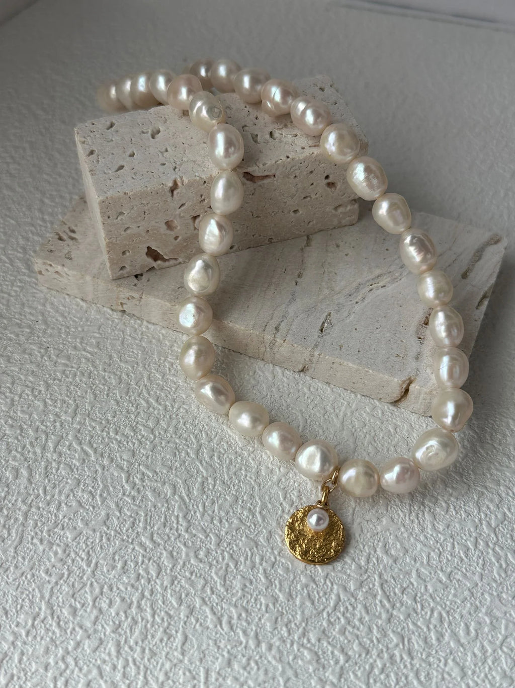 Stellar Baroque Pearl & Gold  Medal Drop Necklace