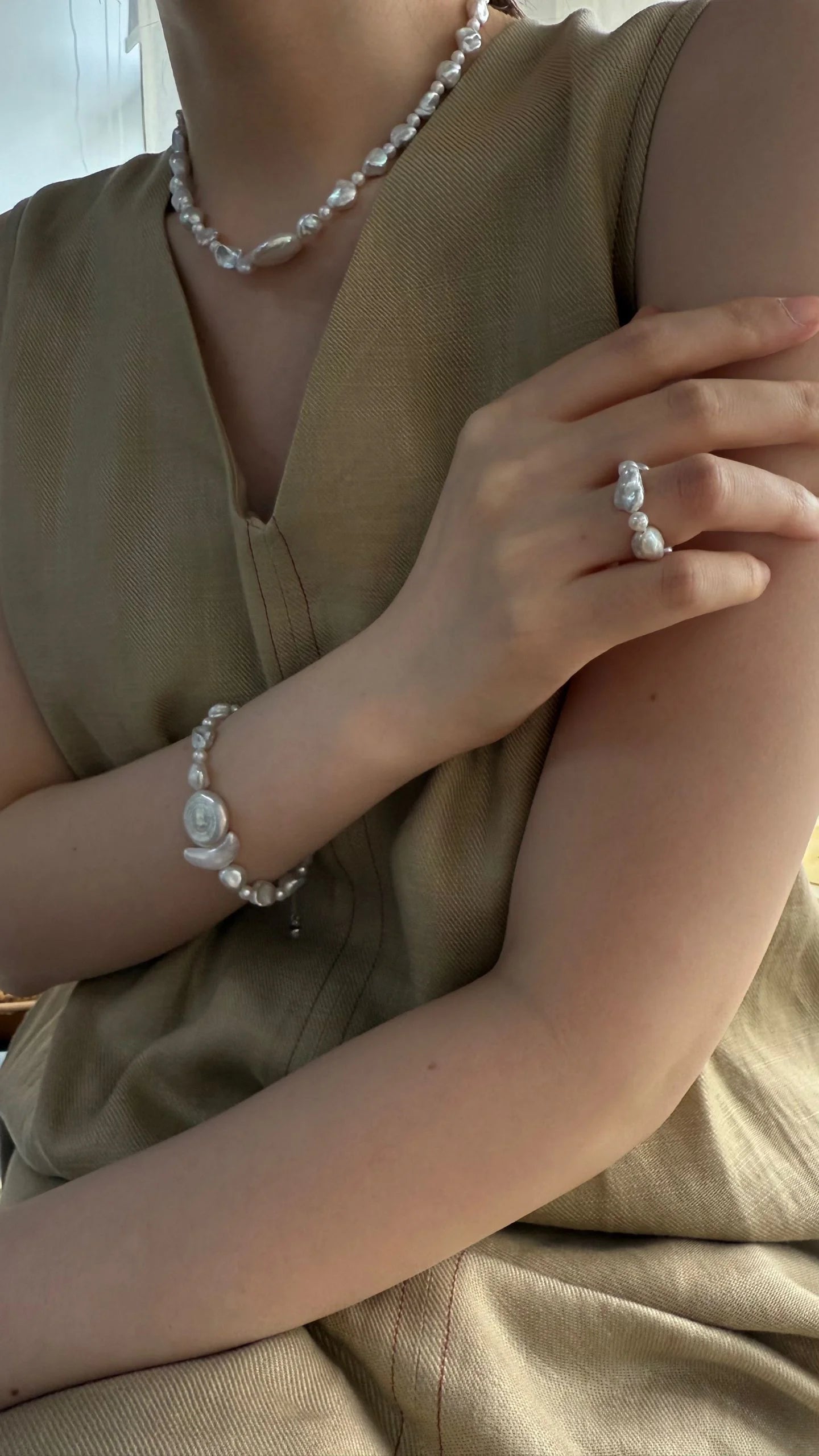 Floating Moon and Sun Natural Baroque Pearls Ring