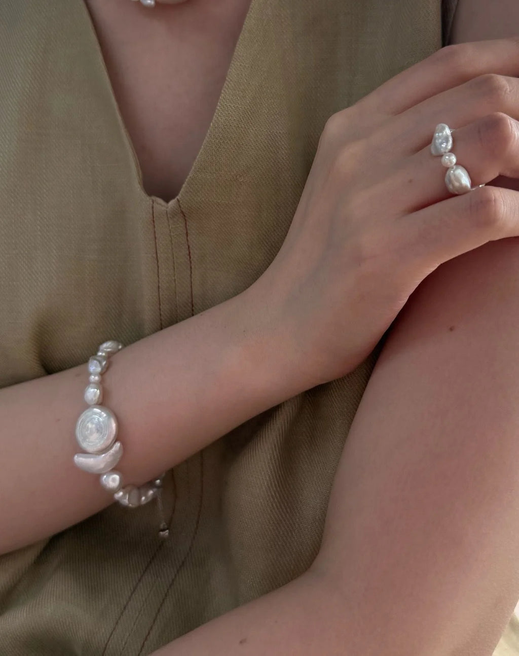 Floating Moon and Sun Natural Baroque Pearls Ring